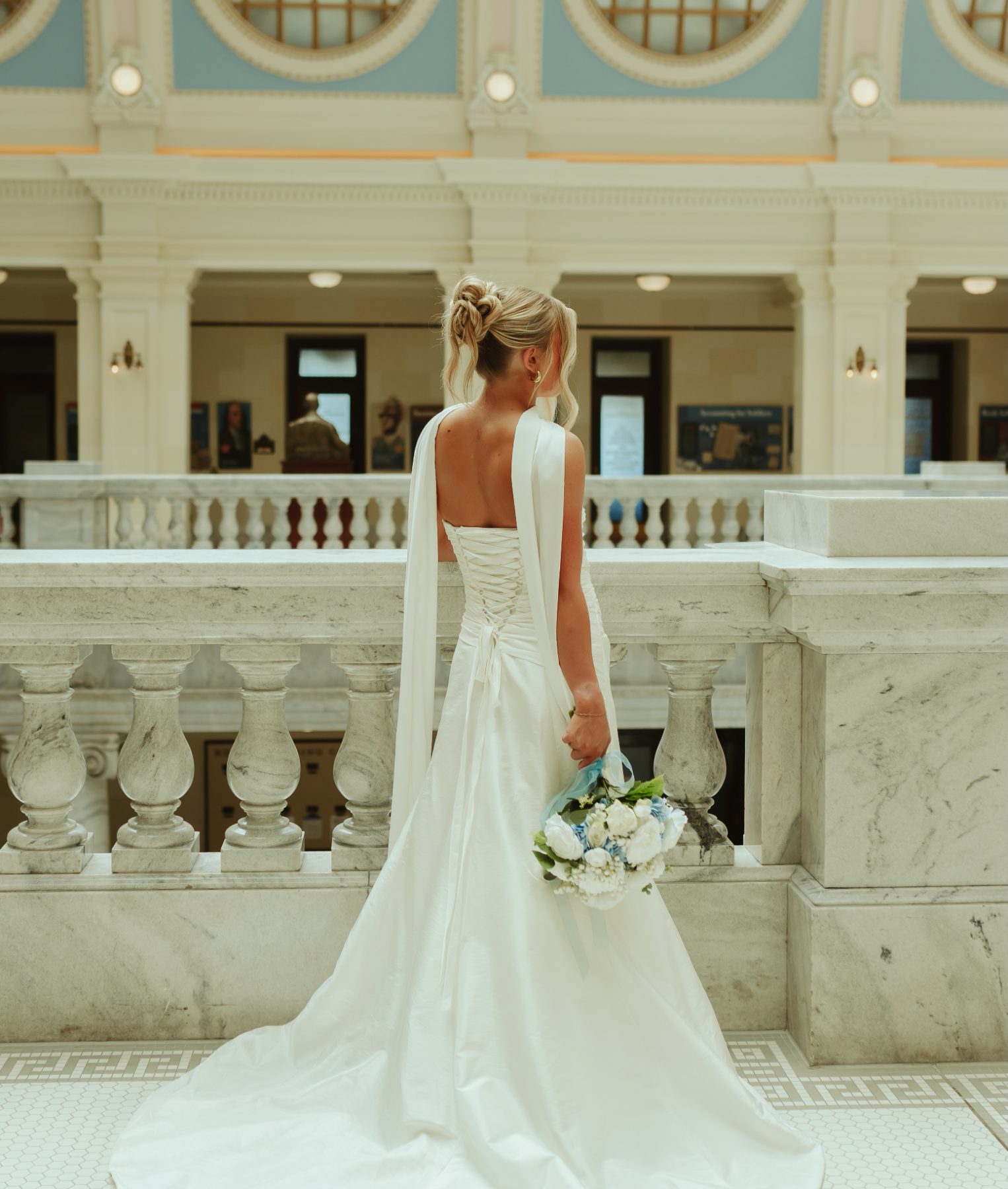 Bride with a braided updo at the Utah State Capitol